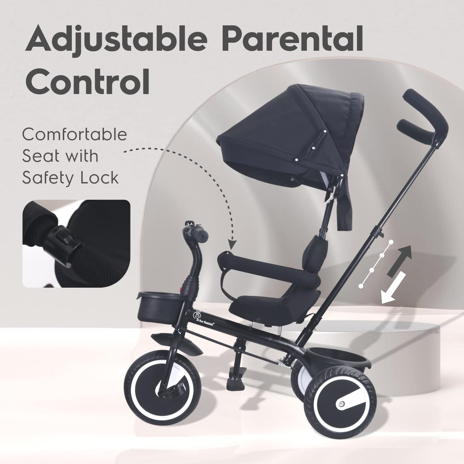 Comfortable and safe dark blue kids' tricycle with sunshade, perfect for outdoor adventures and parental control. www.usmile.toys
